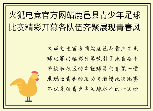 火狐电竞官方网站鹿邑县青少年足球比赛精彩开幕各队伍齐聚展现青春风采